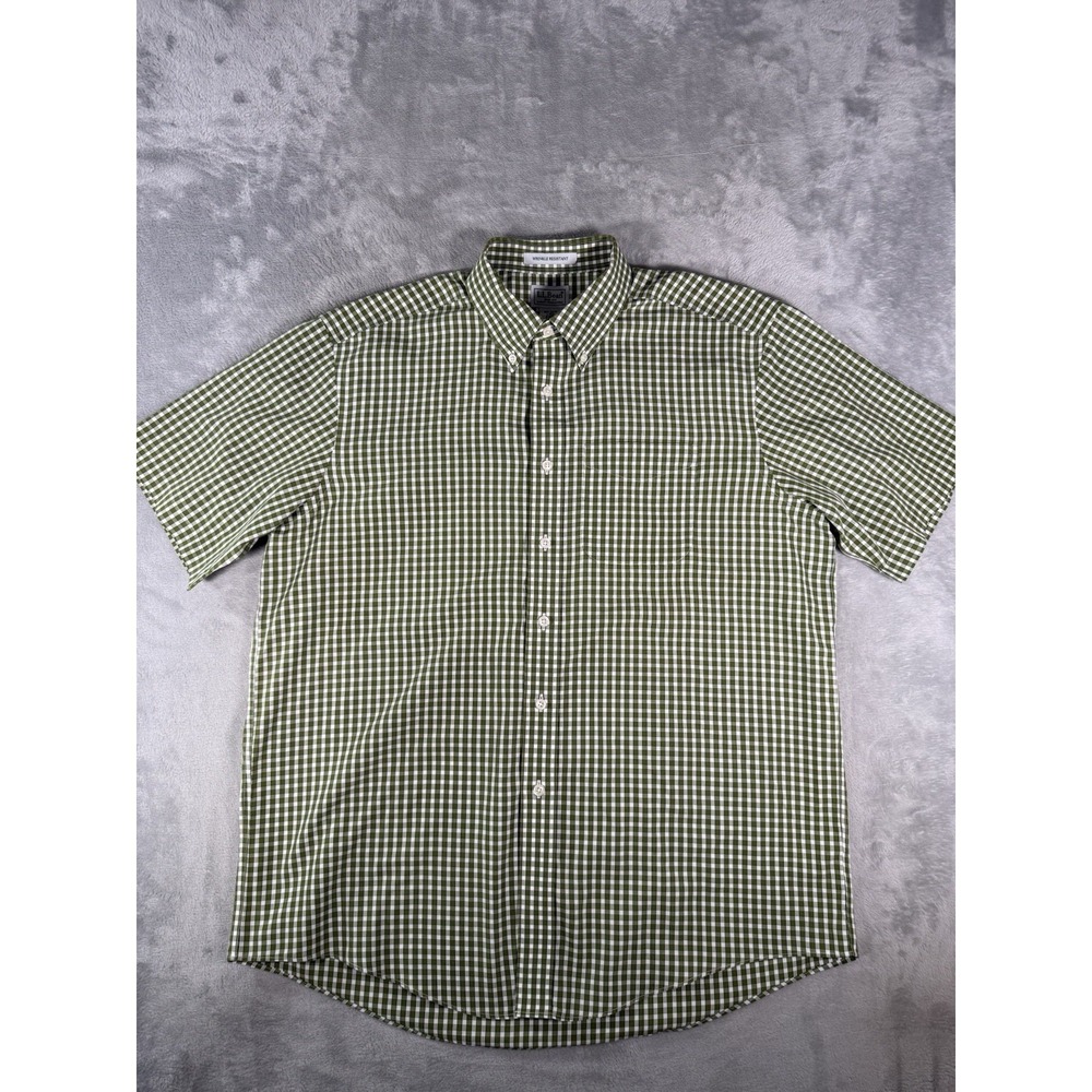LL Bean Shirt Men's Large Green Checked Wrinkle Resistant Short Sleeve Button Up